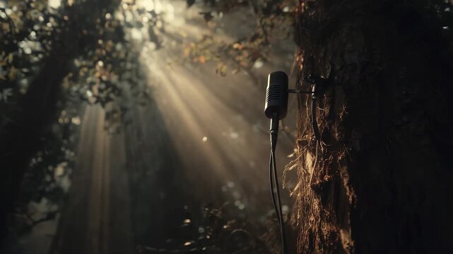 A black microphone stands firmly against a weathered tree trunk, bathed in soft golden sunlight filtering through the foliage. The serene atmosphere invites a woman to share her vo