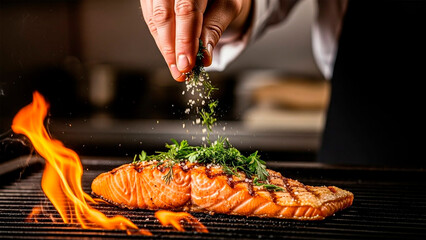 Chef salting salmon grilling on the barbecue
