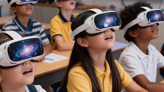 Grupo niños de primaria en un aula usando visores de realidad virtual 