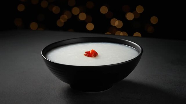 Traditional Asian Rice Porridge Congee in a Black Bowl.