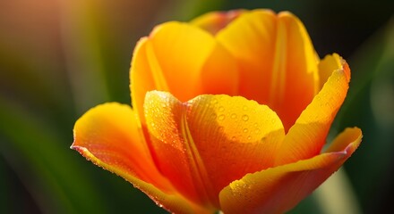Radiant orange tulip blossom glistening with morning dew droplets