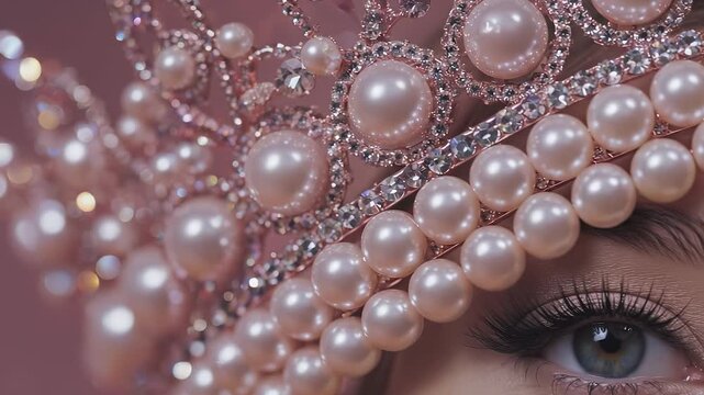 A stunning crown embellished with sparkling pearls and shimmering rhinestones sits elegantly, exuding a sense of royal beauty and sophistication. The exquisite details attract a gi