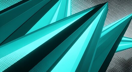 Luminous azure shards with halftone backdrop create angular dimension