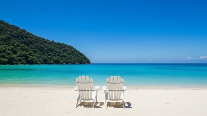Two white Adirondack chairs on a pristine tropical beach with turquoise water.