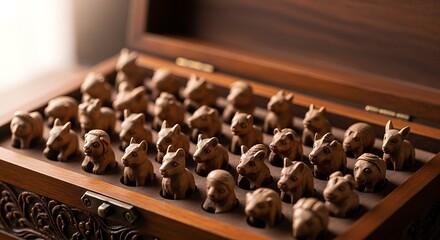 Miniature Carved Wooden Animal Figures in Open Decorative Display Case