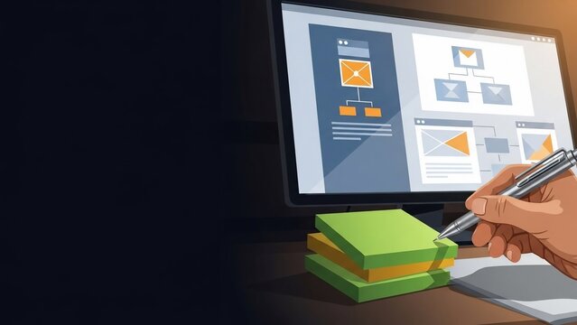 Designer working on UI UX wireframe on computer monitor with sticky notes. - Powered by Adobe