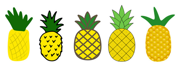 Pineapple Clipart Bundle – Five Hand-Drawn Pineapples – Transparent PNG