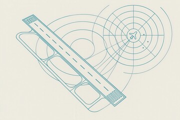 Obraz premium Conceptual aerial view of a modern airport runway with air traffic control radar signals indicating flight patterns and navigation technology in a futuristic, minimalist aesthetic