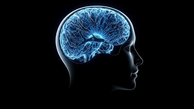 Futuristic glowing human brain with neural network connections on a dark background.