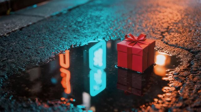 Regalo minimalista rojo sobre el asfalto mojado de una calle de Tokio de noche 
