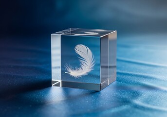 Feather encased within transparent block resting upon shimmery surface