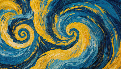 Abstract swirling paint texture in blue and yellow with dynamic brushstroke motion and vibrant contrast evoking energetic flow