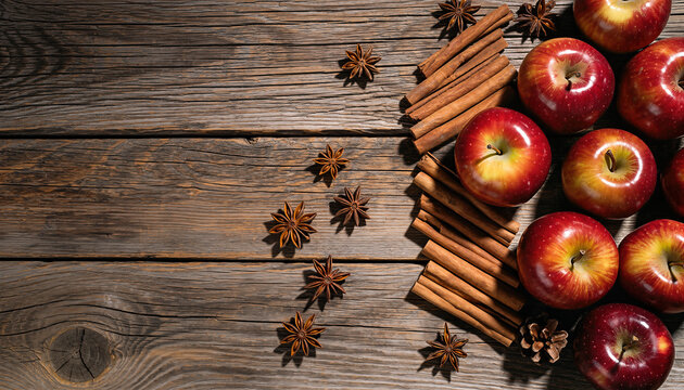Fresh red apple fruit cinnamon stick star anise arranged on rustic wooden table background autumn harvest seasonal ingredient