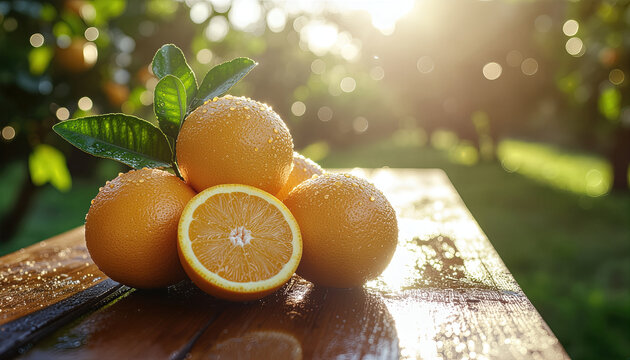 Fresh orange citrus fruit slice sunlight wooden table outdoor garden natural organic healthy food vitamin