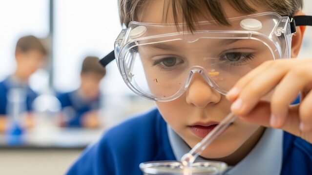 Focused young boy conducting a science experiment in school with safety goggles.