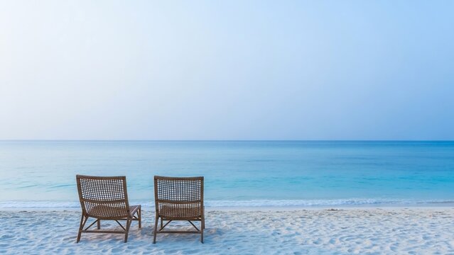 Empty beach chairs on a serene tropical beach by the calm ocean. - Powered by Adobe