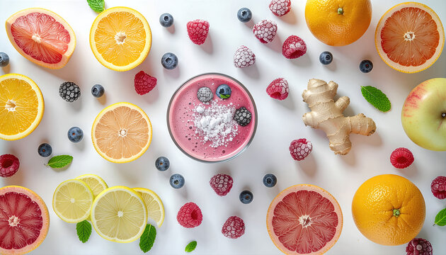 Raspberry smoothie bowl with berries grapefruit orange lemon slices apple ginger and mint bright top down food flatlay fresh and vibrant - Powered by Adobe