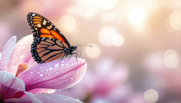 Monarch butterfly resting on delicate pink flower petal soft bokeh background nature wildlife pollinator garden outdoor spring scene