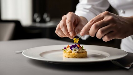 Chef hands carefully garnishing an elegant dessert with edible flowers in a fine dining setting.
