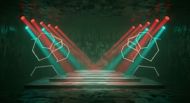 Vibrant stage with geometric neon lighting on a concrete backdrop setting - Powered by Adobe