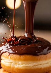 Indulgent chocolate cascade over a golden donut providing a tempting and decadent confection experience