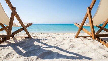 Empty beach chairs on a serene tropical beach with clear blue water and sky.
