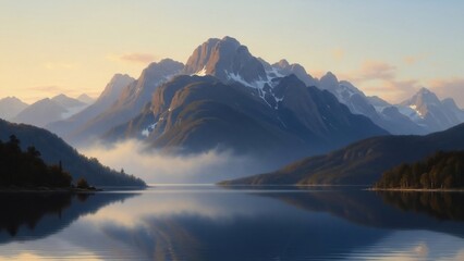 Serene mountain lake reflection at golden hour with soft mist.