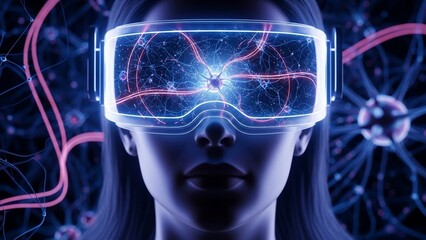 Person in VR Headset Experiencing a Luminous Neural Network Display