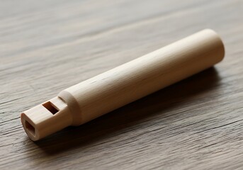 Minimalistic wooden flute, handcrafted wind musical instrument laying flat
