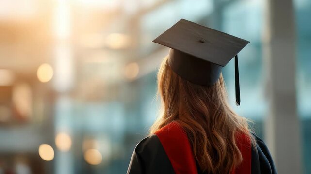 A young woman in a graduation cap and gown stands indoors, facing the sunlight streaming through large windows. The scene captures a hopeful and inspiring academic achievement moment