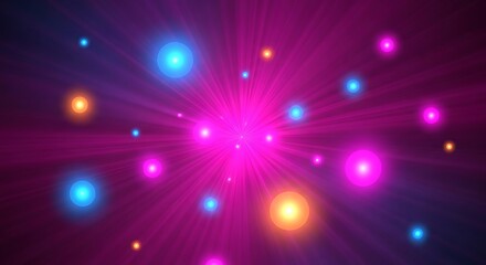 Radiant burst of light with colorful spheres in deep purple backdrop