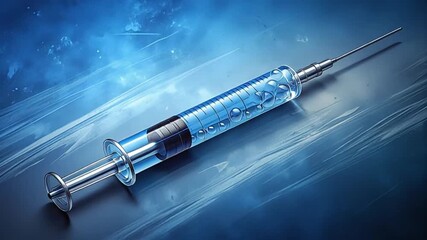 A modern medical syringe filled with a vibrant blue liquid and bubbles, set against a dynamic glowing blue abstract background, symbolizing innovation and healthcare solutions. - Powered by Adobe