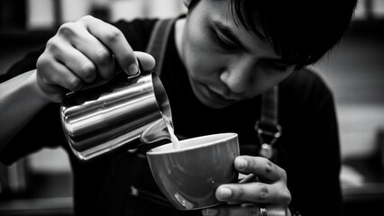 Barista skillfully pouring milk for latte art in a coffee shop setting.