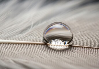 Reflections of Delicate Balance: A Water Droplet Embracing a Feather with Subtle iridescence