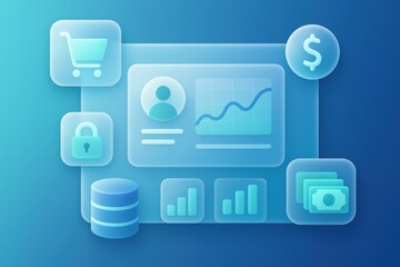 Digital commerce ecosystem showcasing user profile, data analytics, payment security, and sales growth indicators in a sleek modern interface reflecting technological advancement