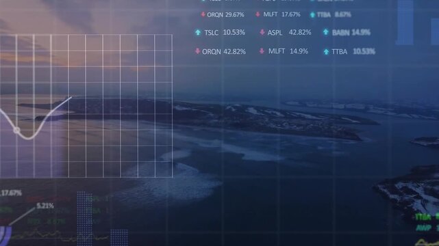 Aerial islands and sea holding center after one second while HUD fading in, graphs plotting metrics