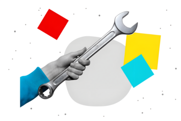 A black and white hand holding a wrench. Modern collage style. Vector illustration
