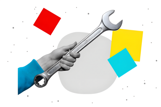 A black and white hand holding a wrench. Modern collage style. Vector illustration