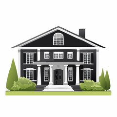 Elegant black and white mansion illustration showcasing classical architectural details