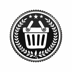 Elegant Black and White Shopping Basket Emblem with Stars and Laurel Wreath graphic