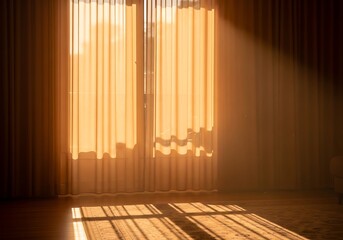 Sunlit room casting light through curtains, evoking warmth and comfort