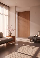 Sun-drenched Minimalist Room with Subtle Blossom and Serene Furniture
