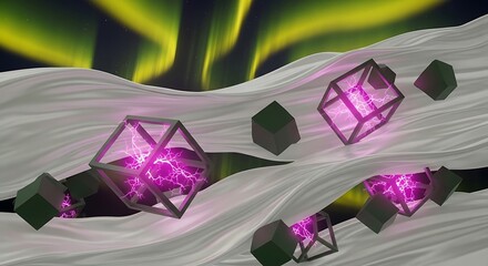Surreal cubed geometry landscape with ethereal aurora borealis glow