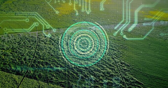 Teal ringed HUD appearing over circular crop patch as drone descending, inspecting disturbed patch