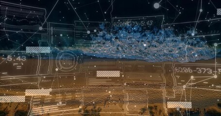 Data feed activating shoreline HUD, animating gridlines, sliding bars, pulsing nodes for mapping - Powered by Adobe