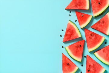 Scattered Watermelon Slices on Vibrant Blue Background for Summer Promotion and Healthy Eating