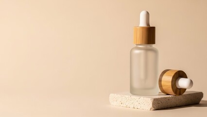 Frosted cosmetic dropper bottle and bamboo cap on a natural stone.