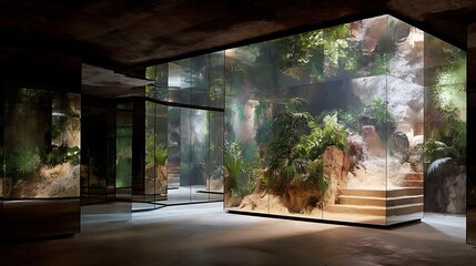 Modern Indoor Space with Large Glass Enclosures and Tropical Plants