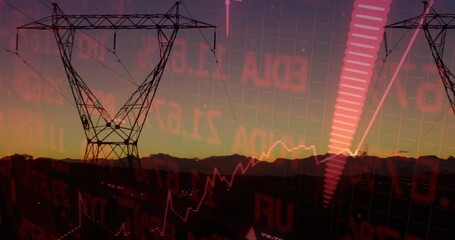Market sparking red chart rising right over dusk, tower staying static, showing energy gains - Powered by Adobe