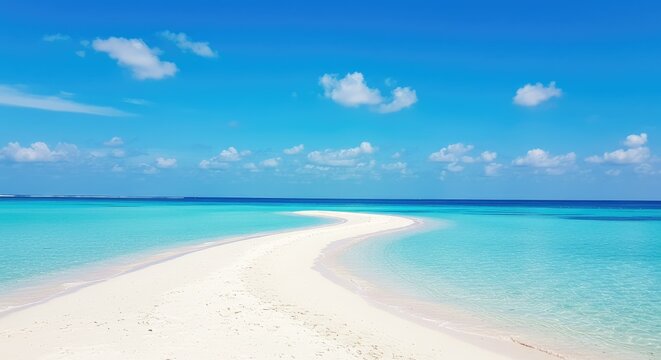 A pristine white sand beach pathway leads into a turquoise ocean under a vibrant blue sky - Powered by Adobe